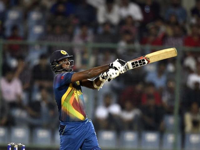 Angelo Mathews whacks one out of the park. (Sanjeev Verma/HT Photo) 