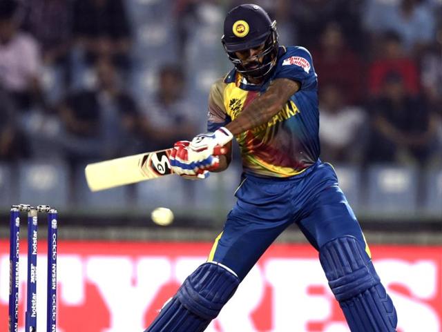 Chamara Kapugedera hits a shot. (Sanjeev Verma/HT Photo) 