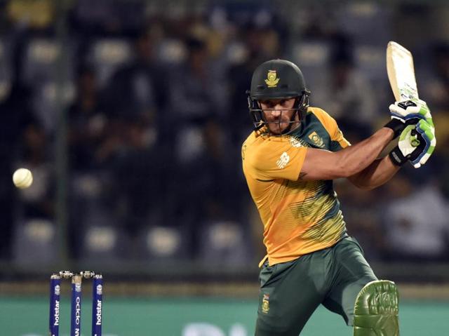 Faf Du Plessis hits a shot. (Mohd Zakir/HT Photo) 