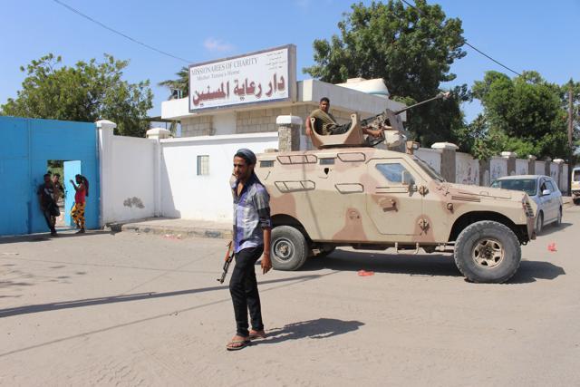 Yemeni security forces outside an elderly care home after it was attacked by gunmen in Aden on March 4, 2016. (AP) Yemeni security forces outside an elderly care home after it was attacked by gunmen in Aden on March 4, 2016. (AP)
