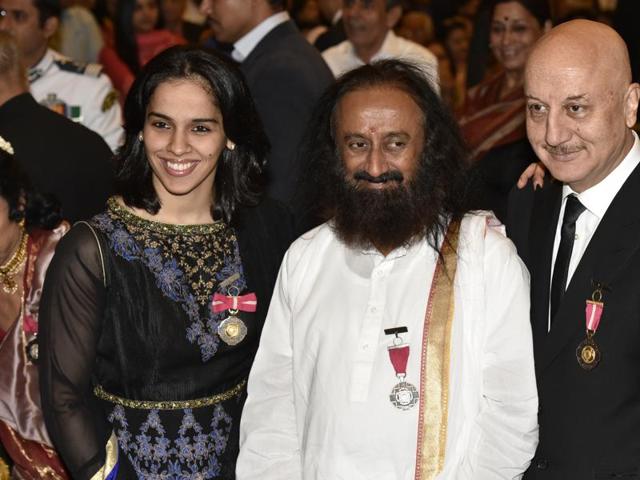 Padma awardees Saina Nehwal, Sri Sri Ravi Shankar and Anupan Kher during the Padma Awards ceremony on Monday. (Photo: Virendra Singh Gosain/ Hindustan Times)