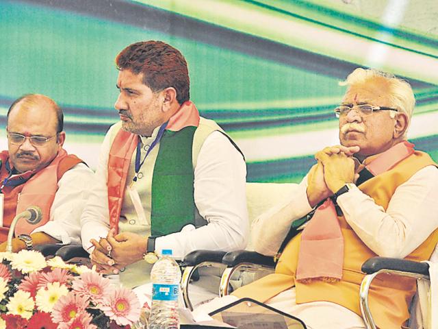 BJP Haryana in-charge Anil Jain, state party chief Subhash Barala and chief minister Manohar Lal Khattar during the meeting of party’s state executive in Panchkula on Sunday. (Sant Arora/HT) BJP Haryana in-charge Anil Jain, state party chief Subhash Barala and chief minister Manohar Lal Khattar during the meeting of party’s state executive in Panchkula on Sunday. (Sant Arora/HT)