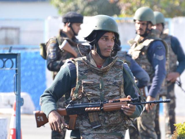Security personnel inside the Pathankot air force base in Punjab on Tuesday, January 05, 2016. (Sameer Sehgal / HT Photo) Security personnel inside the Pathankot air force base in Punjab on Tuesday, January 05, 2016. (Sameer Sehgal / HT Photo)