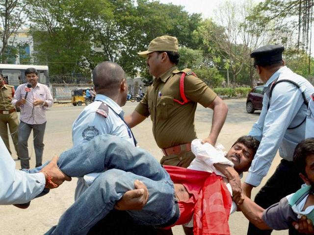 Securitymen take away students agitating for justice to Rohith Vemula at Hyderabad Central University. (PTI) Securitymen take away students agitating for justice to Rohith Vemula at Hyderabad Central University. (PTI)