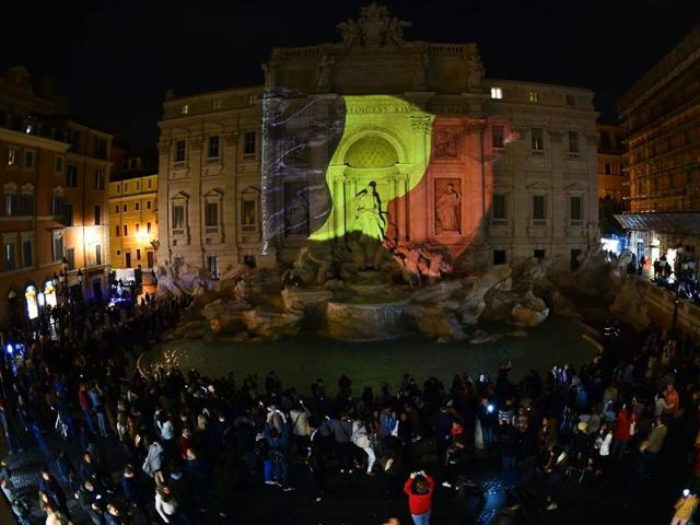 A Belgian flag is displayed on the Trevi Fountain in Rome on March 22, following triple bomb attacks in Brussels.