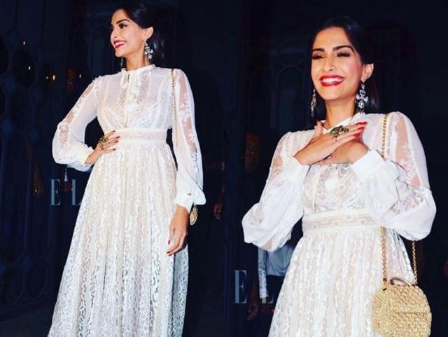 Sonam Kapoor in a Rhea Kapoor and Chandini Wilson dress. (Twitter)