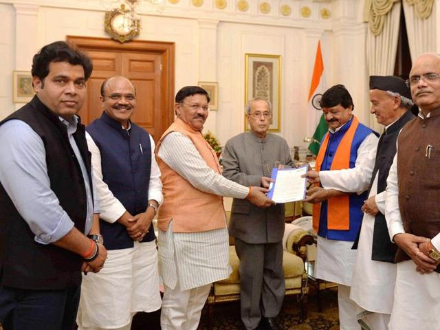 BJP delegation led by Kailash Vijaywargiya, National General Secretary of Bharatiya Janata Party with others address newsmen after meeting President Pranab Mukherjee at Rashtrapati Bhavan in New Delhi (PTI) BJP delegation led by Kailash Vijaywargiya, National General Secretary of Bharatiya Janata Party with others address newsmen after meeting President Pranab Mukherjee at Rashtrapati Bhavan in New Delhi (PTI)