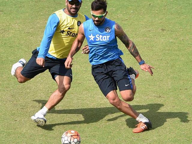 Virat Kohli plays football during a training session in Mohali. (Vipin Kumar/HT Photo) Virat Kohli plays football during a training session in Mohali. (Vipin Kumar/HT Photo)
