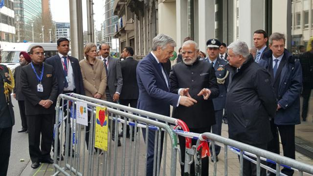 Prime Minister Narendra Modi at the metro station attack site in Brussels. (Prasun Sonwalkar/HT Photo) Prime Minister Narendra Modi at the metro station attack site in Brussels. (Prasun Sonwalkar/HT Photo)