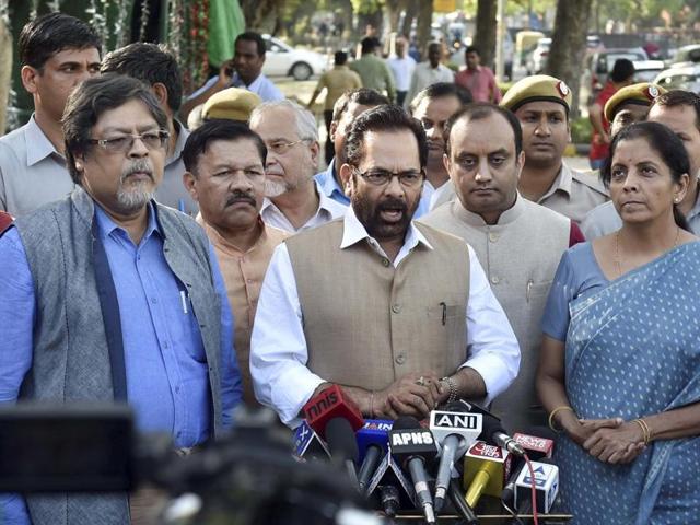 BJP leader Mukhtar Abbas Naqvi along with a party delegation talking to media after meeting Election Commission on issues related to West Bengal assembly polls in New Delhi on Tuesday. (PTI Photo) BJP leader Mukhtar Abbas Naqvi along with a party delegation talking to media after meeting Election Commission on issues related to West Bengal assembly polls in New Delhi on Tuesday. (PTI Photo)
