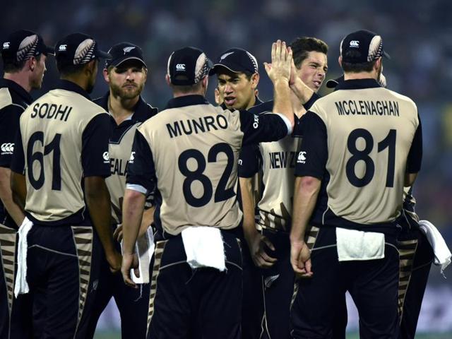 New Zealand team members celebrate a wicket. (Virendra Singh Gosain/HT Photo) 