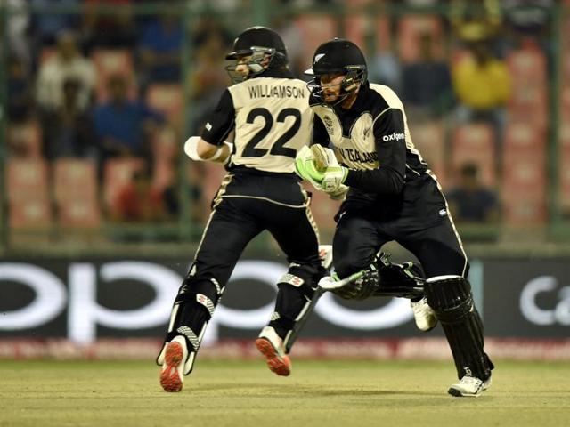 Martin Guptill and Kane Williamson running between the wickets. (Virendra Singh Gosain/HT Photo) 