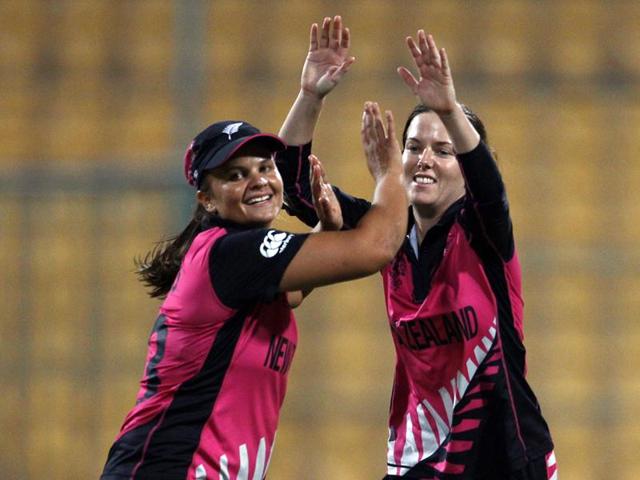 New Zealand's Erin Bermingham, right, celebrates with team captain Suzie Bates the dismissal of South Africa's Marizanne Kapp during their ICC Women's Twenty20 2016 Cricket World Cup match in Bangalore. (AP) New Zealand's Erin Bermingham, right, celebrates with team captain Suzie Bates the dismissal of South Africa's Marizanne Kapp during their ICC Women's Twenty20 2016 Cricket World Cup match in Bangalore. (AP)
