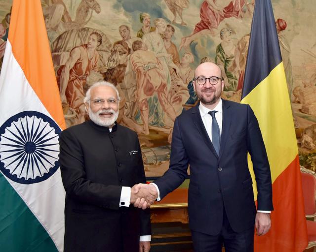 Prime Minister Narendra Modi with his Belgian counterpart Charles Michel at a meeting in Brussels on Wednesday. (PTI Photo)