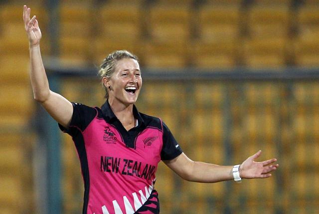 New Zealand's Sophie Devine celebrates the dismissal of South Africa's Sune Luus during their ICC Women's Twenty20 2016 Cricket World Cup match in Bangalore. (AP) New Zealand's Sophie Devine celebrates the dismissal of South Africa's Sune Luus during their ICC Women's Twenty20 2016 Cricket World Cup match in Bangalore. (AP)
