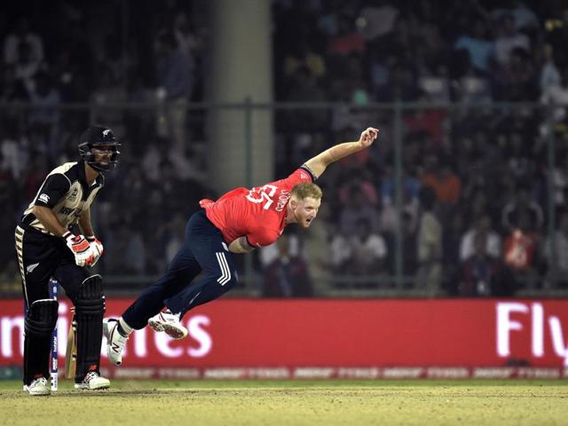 Ben Stokes during his bowling followthrough. (Ajay Aggarwal/HT Photo) 