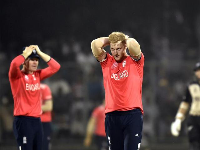 England bowler Ben Stokes and captain Eoin Morgan react after a missed run out. (Virendra Singh Gosain/HT Photo) 