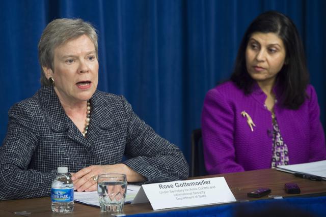 Rose Gottemoeller (left), undersecretary of state for arms control and international security, and Huban Gowadia, homeland security domestic nuclear detection office director, speak about the 2016 Nuclear Security Summit in Washington on Tuesday.(AFP)