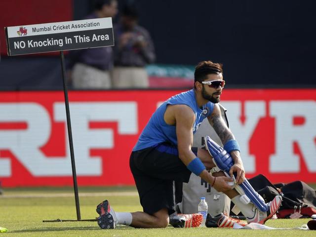 India's Virat Kohli prepares to bat during a practice session ahead of their ICC Twenty20 2016 Cricket World Cup semi-final match against West Indies in Mumbai. (AP) India's Virat Kohli prepares to bat during a practice session ahead of their ICC Twenty20 2016 Cricket World Cup semi-final match against West Indies in Mumbai. (AP)