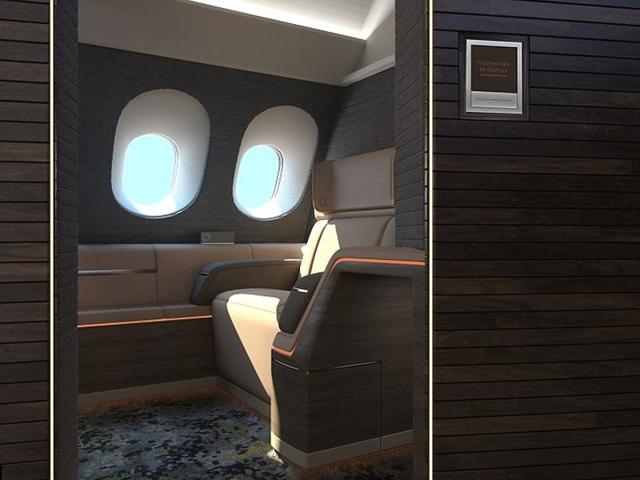 Designed for an Airbus A380, the world’s largest passenger jet, the fully-enclosed suites would be aimed at wealthy solo passengers or couples who don’t want to be bothered or even seen by fellow travellers during a long-haul flight. Passengers would be afforded complete privacy in the fully-enclosed rooms, which would have retractable doors and doorbells. (seymourpowell.com)