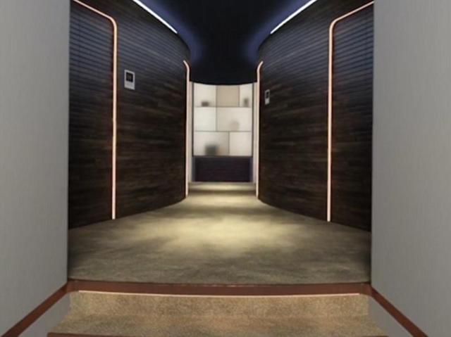 Guests would enter their single or double suite via a contemporary lobby that has S curves and horizontally slatted walls. (seymourpowell.com)