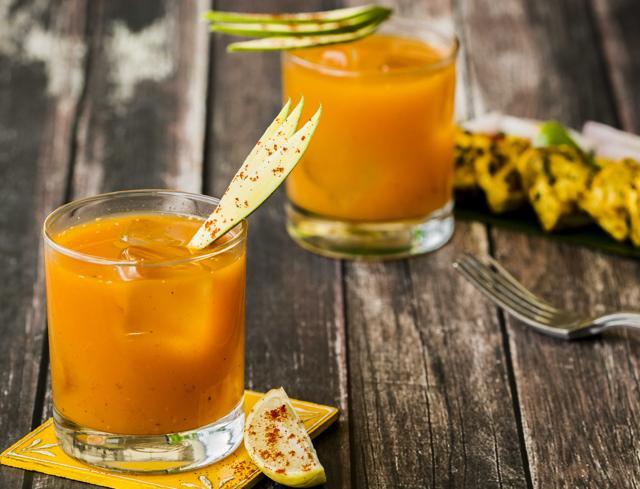 The aamras uses mango pickle for a spicy-sour taste that complements the sweetness of mixed fruit juice. The aamras uses mango pickle for a spicy-sour taste that complements the sweetness of mixed fruit juice.