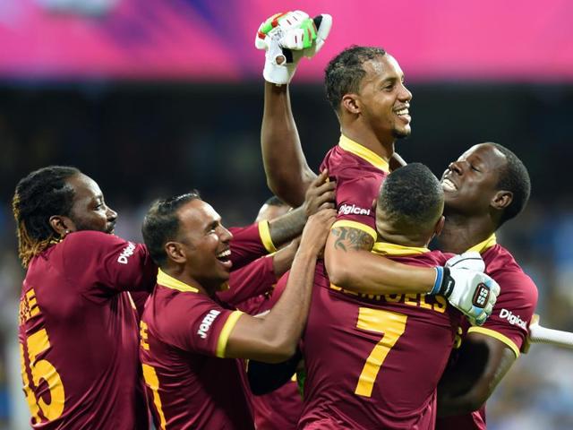 West Indies celebrates the victory during ICC Twenty20 2016 Cricket World Cup Semi-final match against India and West Indies at Wankhede Stadium. (Kunal Patil/HT Photo)