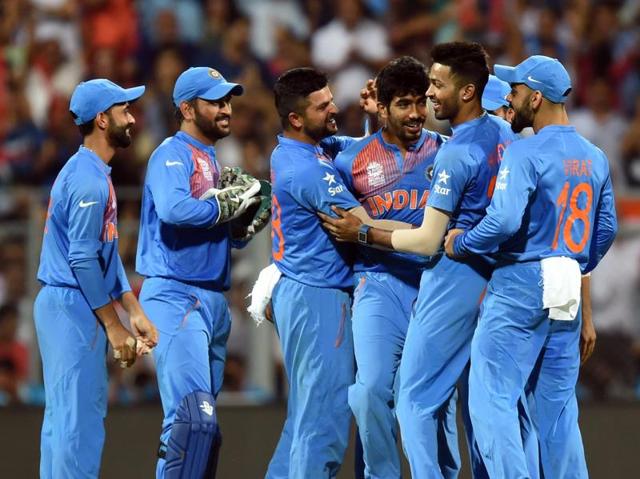 India's Jasprit Bumrah with his team mates celebrates the wicket of West Indies Chris Gayle. (Kunal Patil/HT Photo) India's Jasprit Bumrah with his team mates celebrates the wicket of West Indies Chris Gayle. (Kunal Patil/HT Photo)