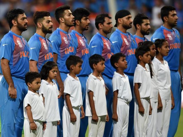 India's players standing for national anthem before the ICC Twenty20 2016 Cricket World Cup Semi-final match against India and West Indies. (Kunal Patil/HT Photo) India's players standing for national anthem before the ICC Twenty20 2016 Cricket World Cup Semi-final match against India and West Indies. (Kunal Patil/HT Photo)