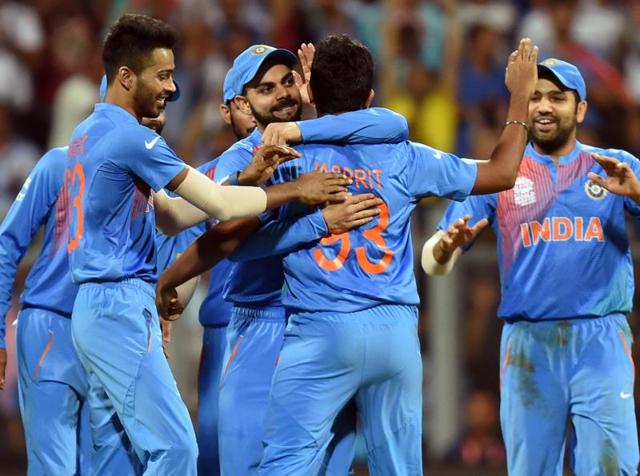 India's Jasprit Bumrah with his team mates celebrates the wicket of West Indies Chris Gayle. (Kunal Patil/HT Photo) India's Jasprit Bumrah with his team mates celebrates the wicket of West Indies Chris Gayle. (Kunal Patil/HT Photo)
