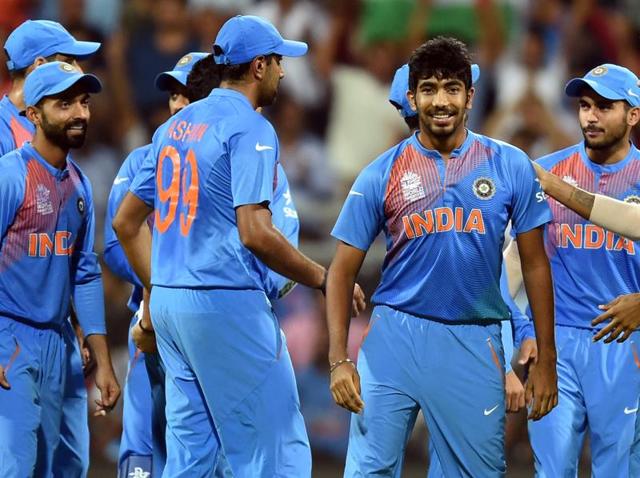 India's Jasprit Bumrah with his team mates celebrates the wicket of West Indies Chris Gayle during ICC Twenty20 2016 Cricket World Cup Semi-final match. (Kunal Patil/HT Photo) India's Jasprit Bumrah with his team mates celebrates the wicket of West Indies Chris Gayle during ICC Twenty20 2016 Cricket World Cup Semi-final match. (Kunal Patil/HT Photo)