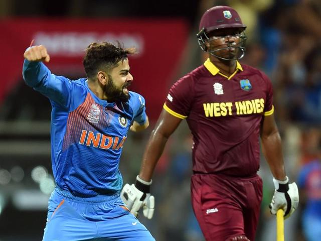 India's Virat Kohli celebrates the wicket of West Indies Johnson Charles. (Kunal Patil/HT Photo) India's Virat Kohli celebrates the wicket of West Indies Johnson Charles. (Kunal Patil/HT Photo)