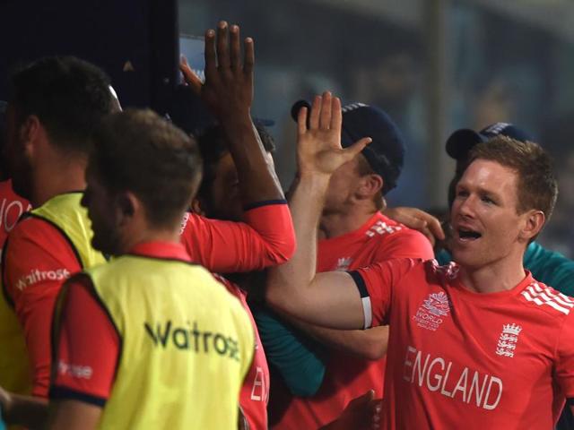 England's captain Eoin Morgan (R) celebrates after victory in the World T20 semi-final match between England and New Zealand at The Feroz Shah Kotla Cricket Ground in New Delhi on March 30, 2016. (AFP) England's captain Eoin Morgan (R) celebrates after victory in the World T20 semi-final match between England and New Zealand at The Feroz Shah Kotla Cricket Ground in New Delhi on March 30, 2016. (AFP)