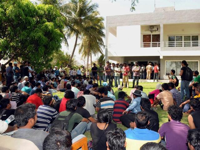 Students of Hyderabad Central University demanding justice for dalit scholar Rohith Vemula, holding a protest demonstration against the University VC in Hyderabad on Tuesday. (PTI) Students of Hyderabad Central University demanding justice for dalit scholar Rohith Vemula, holding a protest demonstration against the University VC in Hyderabad on Tuesday. (PTI)