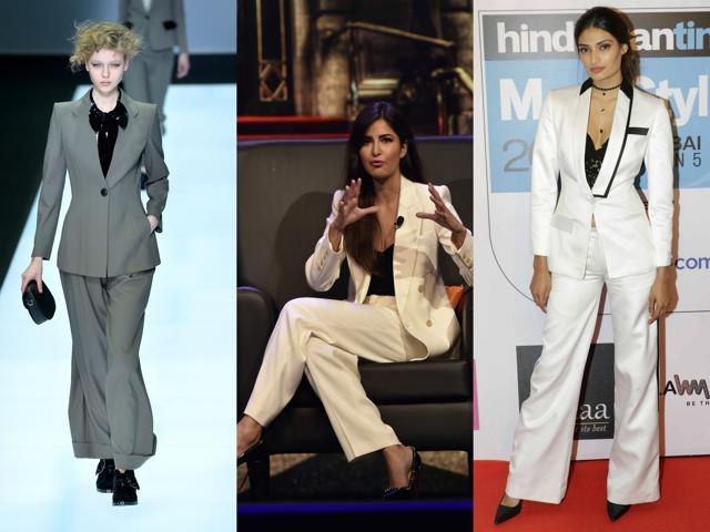 (L-R) A Giorgio Armani suit, Katrina Kaif going the white way and Athiya Shetty’s sexy twist to the powersuit (AFP ; Yogen Shah) (L-R) A Giorgio Armani suit, Katrina Kaif going the white way and Athiya Shetty’s sexy twist to the powersuit (AFP ; Yogen Shah)