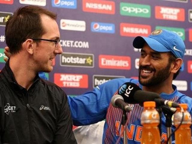 Speaking at a news conference after his team’s loss to West Indies in the World T20 semifinal on Thursday, Dhoni invited Samuel Ferris on to the stage before answering a question over plans to hang up his boots. (Photo: @CricketAus Twitter handle) Speaking at a news conference after his team’s loss to West Indies in the World T20 semifinal on Thursday, Dhoni invited Samuel Ferris on to the stage before answering a question over plans to hang up his boots. (Photo: @CricketAus Twitter handle)