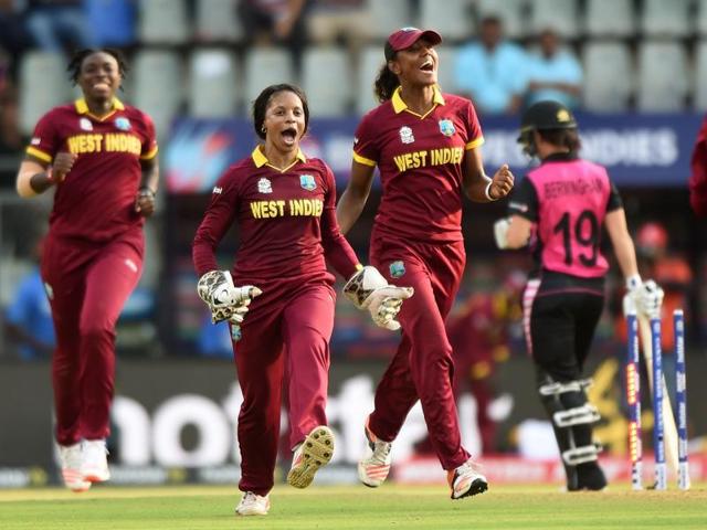 West Indies players celebrate after winning the World T20 cricket tournament women’s semi-final match. (AFP Photo) West Indies players celebrate after winning the World T20 cricket tournament women’s semi-final match. (AFP Photo)