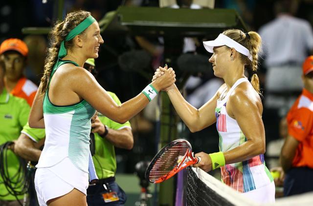 Victoria Azarenka (L) avenged her loss to Angelique Kerber in the quarterfinals of the Australian Open earlier this year. (AFP) Victoria Azarenka (L) avenged her loss to Angelique Kerber in the quarterfinals of the Australian Open earlier this year. (AFP)