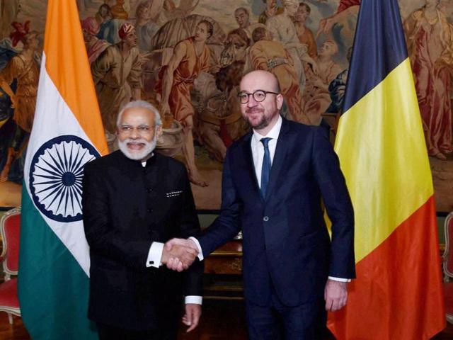 Prime Minister Narendra Modi with his Belgian counterpart Charles Michel at a meeting in Brussels on Wednesday. (PTI) Prime Minister Narendra Modi with his Belgian counterpart Charles Michel at a meeting in Brussels on Wednesday. (PTI)