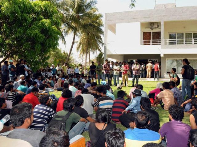 Sttudents of Hyderabad Central University demanding justice for dalit scholar Rohith Vemula, holding a protest demonstration against the University VC in Hyderabad on Tuesday, March 22, 2016. (PTI) Sttudents of Hyderabad Central University demanding justice for dalit scholar Rohith Vemula, holding a protest demonstration against the University VC in Hyderabad on Tuesday, March 22, 2016. (PTI)