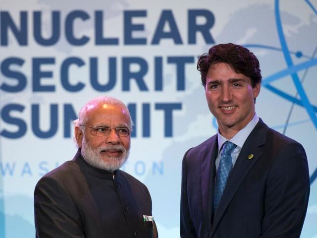 Prime Minister Narendra Modi takes part in a bilateral meeting with the Canadian PM Justin Trudeau at the Nuclear Security Summit in Washington.(Canadian Press via AP Photo)