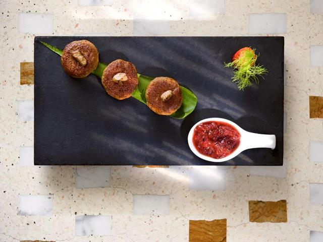 Lucknow-style galawat kebabs, served with a strawberry green chilli chutney at the Indian Accent restaurant in New York, which opened in February 2016.