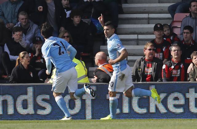 Sergio Aguero celebrates scoring the third goal for Manchester City. (Reuters Photo) Sergio Aguero celebrates scoring the third goal for Manchester City. (Reuters Photo)