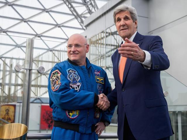Secretary of State John Kerry meets with astronaut Scott Kelly at the Ritz-Carlton Hotel in Moscow, Russia. (AP) Secretary of State John Kerry meets with astronaut Scott Kelly at the Ritz-Carlton Hotel in Moscow, Russia. (AP)