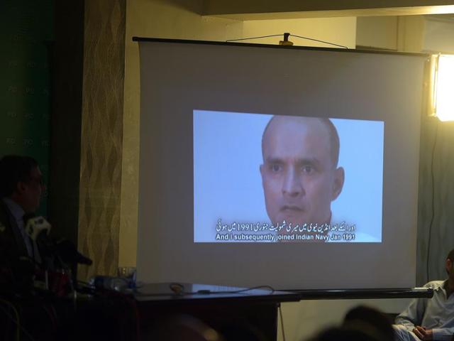 A projection of a video showing arrested man Kulbhushan Jhadav, who Pakistan has alleged is an Indian spy, during a press conference in Islamabad.(AFP) A projection of a video showing arrested man Kulbhushan Jhadav, who Pakistan has alleged is an Indian spy, during a press conference in Islamabad.(AFP)