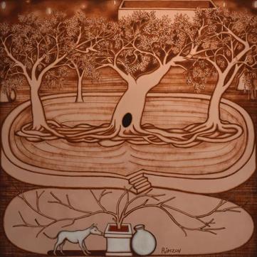 Tree Shrine (acrylic on canvas, 2012) measures 40 inches X 39.75 inches. (Saumya Khandelwal/HT Photo)