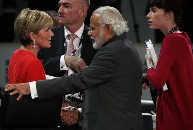 Australian Foreign Minister Julie Bishop (L) greets Prime Minister Narendra Modi during a plenary session of the 2016 Nuclear Security Summit in Washington, DC. (AFP) Australian Foreign Minister Julie Bishop (L) greets Prime Minister Narendra Modi during a plenary session of the 2016 Nuclear Security Summit in Washington, DC. (AFP)