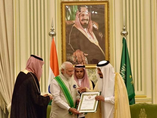 Prime Minister Narendra Modi was conferred Saudi Arabia’s highest civilian honour, the King Abdulaziz Sash, on Sunday(Photo: Vikas Swarup/Twitter)