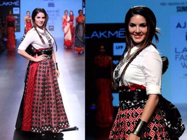 Actress Sunny Leone displays a creation of fashion brand DoubtIsOut during the Lakme Fashion Week Summer Resort 2016 in Mumbai (PTI) 