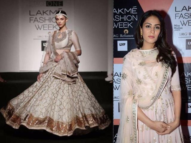 Actress Aditi Rao Hydari (left) displays a creation of fashion designer Jayanti Reddy at the Lakme Fashion Week Summer/Resort 2016 fashion show in Mumbai, and Mira Rajput (right) does easy chic in Anita Dongre. 